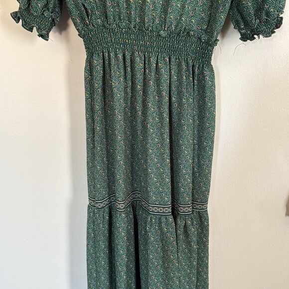 Max Studio Green Floral Print Tie-Neck Smocked Waist Maxi Dress Size M - Picture 9 of 10